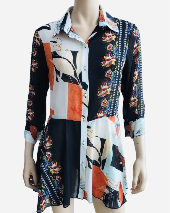 Women's  3/4 Slv  B/W  multi floral  Button down  Cardigan SHIRT KBS 24 